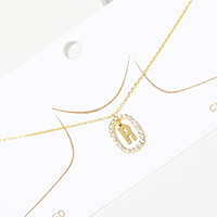 -R- Gold Dipped Metal Monogram Rhinestone Oval Link Pendant Necklace