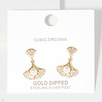 Pearl Accented CZ Gold Dipped Ginkgo Leaf Dangle Earrings