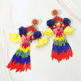 Flower Pom Pom Beaded Tassel Earrings