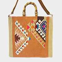 Aztec Patterned Wood Top Handle Tote/ Crossbody Bag