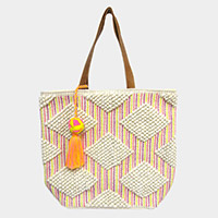 Fabric Ball and Beaded Lines Patterned Pom-Tassel Tote Bag