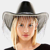 Faux Leather Cowboy Hat With Diamante Fringe 