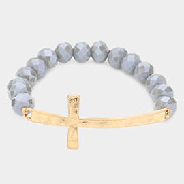 Hammered Metal Cross Accented Faceted Beads Stretch Bracelet