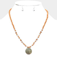 Wood Heishi Beaded Abalone Pendant Necklace