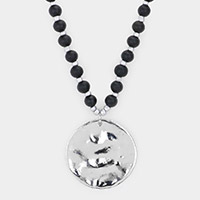 Irregular Metal Round Pendant Wood Long Necklace