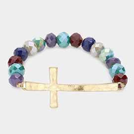 Hammered Metal Cross Accented Faceted Beads Stretch Bracelet