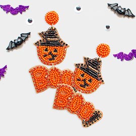 Felt Back Halloween Boo Message Beaded Dangle Earrings