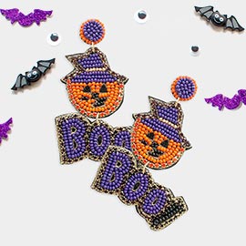 Felt Back Halloween Boo Message Beaded Dangle Earrings