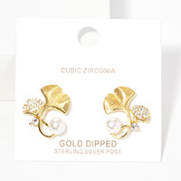 Gold Dipped CZ Paved Gingko Pearl Stud Earrings