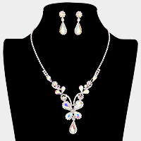 Crystal Rhinestone Pave Butterfly Glass Stone Accented Necklace