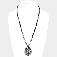 Faux Leather Back Natural Stone Rhinestone Embellished Pendant Necklace