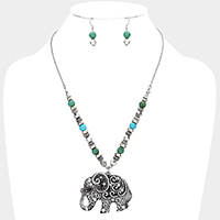 Natural Stone Burnished Metal Elephant Pendant Necklace