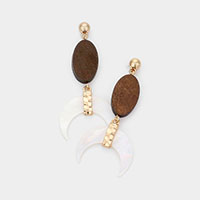 Oval Wood Mother Of Pearl Crescent Dangle Earrings