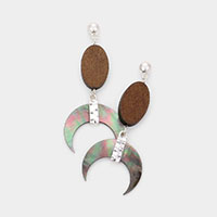 Oval Wood Abalone Crescent Dangle Earrings
