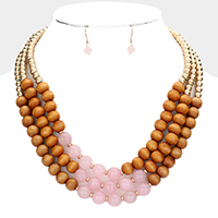 Wood Beaded Triple Layered Necklace