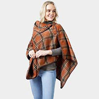 Plaid Check Pattern Poncho With Button