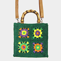 Granny Square Flower Pattern Crochet Bamboo Handle Crossbody Bag