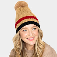 Faux Fur Pom Pom Stipe Ribbed Knit Beanie Hat