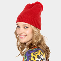 Solid Knit Beanie Hat With Faux Fur Pom