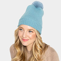 Solid Knit Beanie Hat With Faux Fur Pom