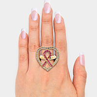 Rhinestone Pave Heart Pink Ribbon Stretch Ring