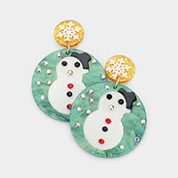 Acetate Christmas Snowman Accented Circle Dangle Earrings