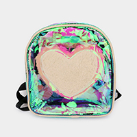 Faux Fur Heart Accented Clear Holographic Transparent Backpack