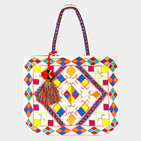 Abstract Patterned Pom-Tassel Tote Bag