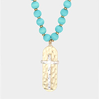 Cross Accented Hammered Metal Pendant Wood Long Necklace