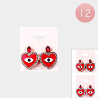 12Pairs - Evil Eye Centered Heart Dangle Earrings