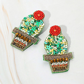Felt Back Beaded Cactus Dangle Earrings