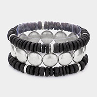 3PCS - Worn Disc Metal Beaded Accented Multi Layered Bracelets