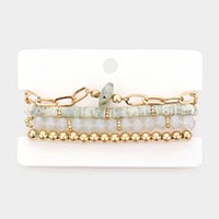 4PCS - Natural Stone Accented Chain Bracelet Multi Beaded Stretch Bracelets Set
