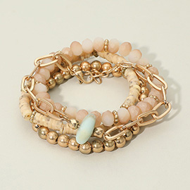 4PCS - Natural Stone Accented Chain Bracelet Multi Beaded Stretch Bracelets Set