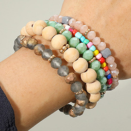 5PCS - Wood Multi Beads Multi Layered Bracelets