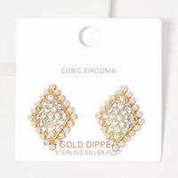 Gold Dipped CZ Stone Pearl Rhombus Stud Earrings