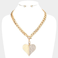 Half Rhinestone Pave Heart Pendant Toggle Necklace