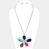 Oversized Multi Color Petal Flower Pendant Long Necklace