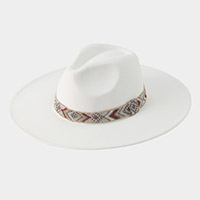 Aztec Pattern Beaded Band Accented Solid Panama Hat