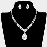 Teardrop Stone Pendant Accented Rhinestone Pave Necklace Clip on Earring Set