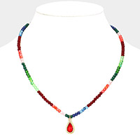 Teardrop Glass Stone Pendant Faceted Beaded Necklace