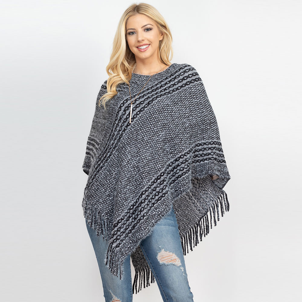 Striped Knit Tassel Poncho