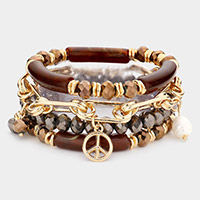 4PCS - Peace Pearl Charm Metal Link Glass Beads Stretch Multi Layered Bracelets