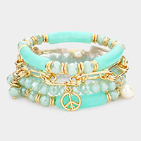 4PCS - Peace Pearl Charm Metal Link Glass Beads Stretch Multi Layered Bracelets
