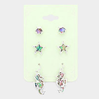 3PAIRS - Abalone Seahorse Stud Dangle Earrings