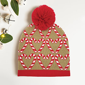 Christmas Candy Cane Yarn Pom Knit Beanie Hat