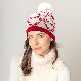 Christmas Candy Cane Yarn Pom Knit Beanie Hat