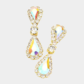 Double Teardrop Accented Rhinestone Trimmed Dangle Evening Earrings