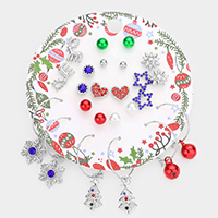 12Pairs - Christmas Tree Snowflake Gift Bow Reindeer Heart Star Pearl Earrings