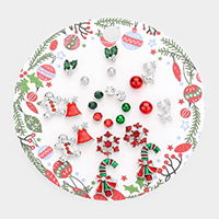 12Pairs - Christmas Jingle Bell Gingerbread Man Reindeer Snowflake Candy Cane Stud Earrings